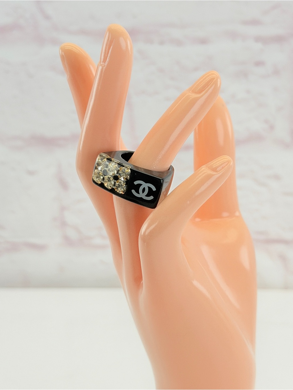 CHANEL Black Resin Cocktail Ring with Crystal Cluster and Logo